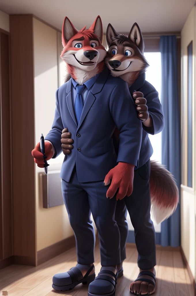 Ivan Fedorovich Wolfbach (Novosibirsk) ,Tall, handsome man, wolf,young, 24 years, brown fur,Kind,(red body:1,3),beautiful blue eyes,Novosibirsk,dressed, shirt, purple tie, trousers,pink heeled sandals,wolf, fur detail, a male, paw pads, finger claws, per viewer, 5 fingers, paws, 5 fingers, smile, wrist watch, nextel, by xenoforge, (Difficult, high detail, digital photography, soft focus, разновидность RAW, Very close to the camera, variety, Novosibirsk, smile, good mood, positive, Very close to the cameraу,apartment, holding a pen, 
Photorealism, realism, digital style, Subsurface scattering, I look at the viewer, 
masterpiece, Best quality, ultra realistic, 8 thousand.)