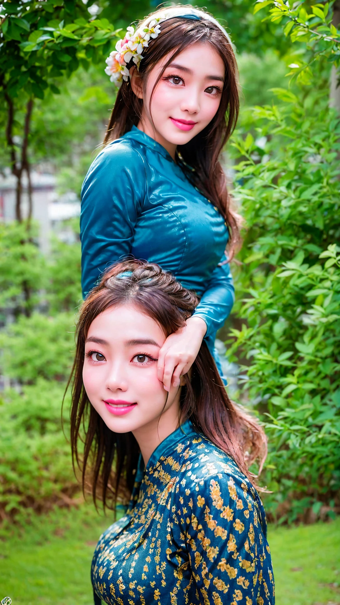 raw image, Portrait of a beautiful Burmese woman in a park, smile, Dark eyebrows, feeling of autumn, bright colors, complicated details, bright colors, An exquisite masterpiece, UHD, Very detailed, Won the photography award, Shot using a DSLR camera