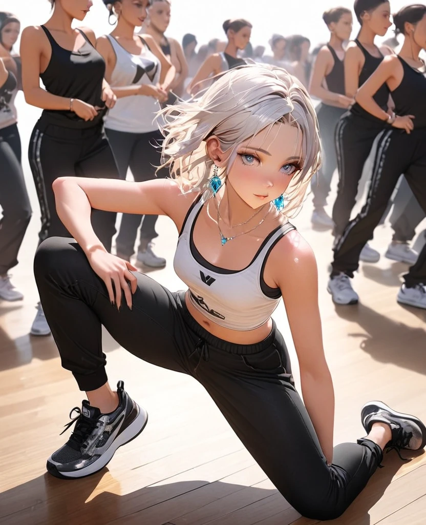 8K,gal,an extremely delicate and beautiful,Beautiful and realistic skin,Shiny jewel-like earrings,Long silver hair,beautiful eyes,full body,head to toe,beautiful regs,skiny pants,tank top,hip hop dance
