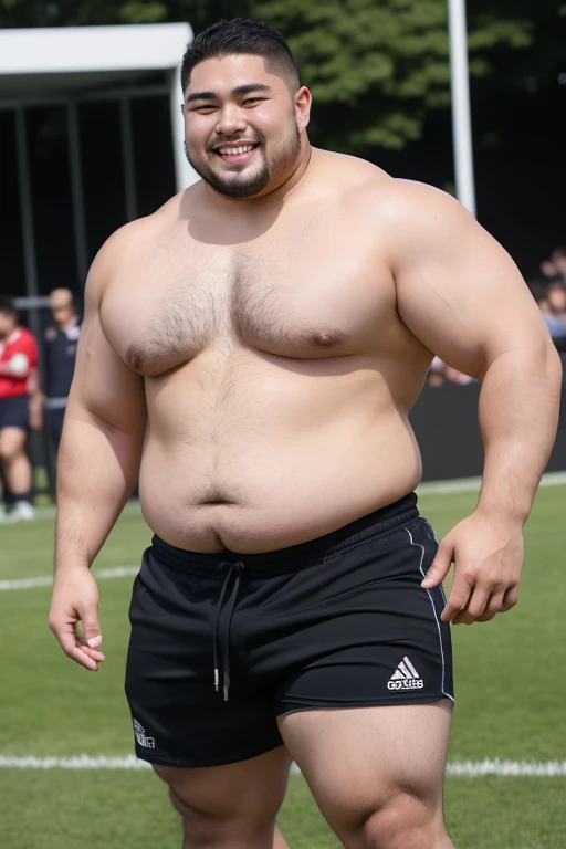 ((highest quality)), ((masterpiece)), (detailed), ((Perfect Face)), 4k, Shaved head, Young Japanese, Muscular, Fat body, Very big man, smile, ((showing off crotch))A large Japanese man topless、whole body、Rugby last week、Thick legs、Thick arm muscles、Intimidating、whole body、wearing a very tight black shorts