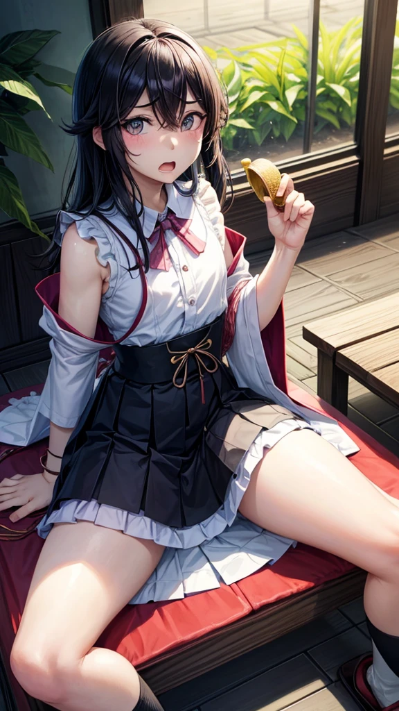 (otokonoko),(trap),((Mokkori)),black hair,Confused eyes,flat breasts,Confused eyes,half open mouth,Spread your legs、sit、get drunk,Cute clothes,skirt