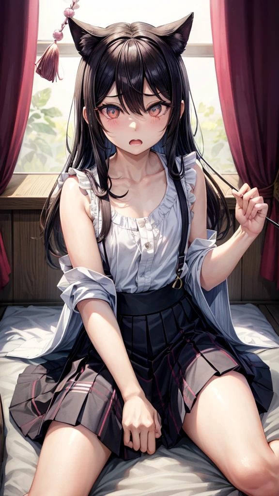 (otokonoko),(trap),((Mokkori)),black hair,Confused eyes,flat breasts,Confused eyes,half open mouth,Spread your legs、sit、get drunk,Cute clothes,skirt