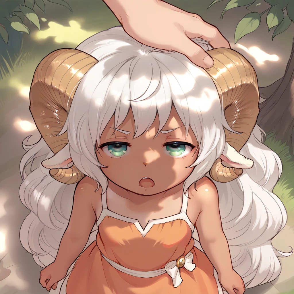 score_9, score_8_up, score_7_up, score_6_up, Detailed Background, BREAK lauriescooper, 1girl, horns, sheep horns, very long hair, white hair, , sheep girl, young, BREAK, annoyed, li_, child_, orange dress, outdoors, forest, upper body, dappled sunlight, shade, tree, looking up, from above, looking at viewer, half-closed eyes, open mouth, tanned skin, headpat,