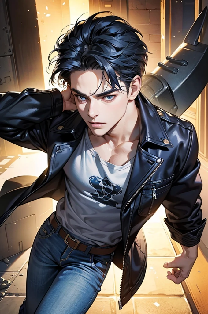 (Highest quality,4K,8K,High resolution,masterpiece:1.2),Super detailed,(Realistic,photoRealistic,photo-Realistic:1.37),30-year-old male,Handsome Anime,Portraiture,strong,Masculine,Dark blue hair,Sharp jawline,Captivating eyes,Perfectly styled hair,Medium Hair,Leather jacket,jeans,T-Shirts,Confident expression,Vibrant colors,Dynamic Lighting