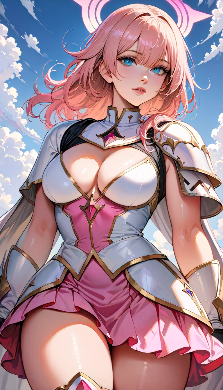 (high quality, 8k, 4K, high contrast, artwork:1.2, high quality, best aesthetics), (centered), ((1 woman)), erotic, sensual, mature body, super detailed, beautiful face detailed, beautiful eyes detailed, detailed beautiful mouth, sexy body, perfect breats, perfect wide thighs, (light pink hair, long light pink hair, wavy light pink hair), (blue eyes), (white medieval armor with pink details), (pink ruffed skirt), (shoulder pads), (cleavage on breasts), (medium breasts), (long white cape), (coxas expostas), (pink angel halo), (calm expression), (standing), (looking at the viewer), (above the clouds), (clear blue sky), (front view)