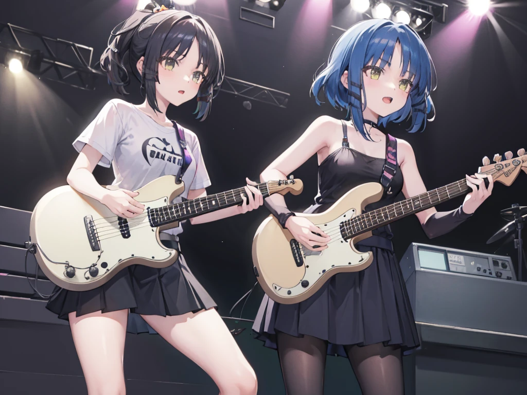 Two Girls,Guitar and vocals,Black Mini Skirt,short cut and ponytail,belly button(Glimpse),Music Stage,Singing passionately
