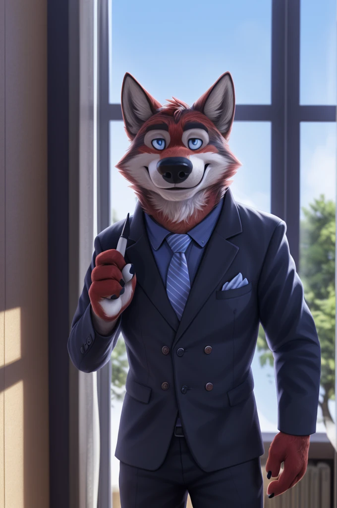 Ivan Fedorovich Wolfbach (Novosibirsk) ,Tall, handsome man, wolf,young, 24 years, brown fur,Kind,(red body:1,3),beautiful blue eyes,Novosibirsk,dressed, shirt, purple tie, trousers,white heeled sandals,wolf, fur detail, a male, paw pads, finger claws, per viewer, 5 fingers, paws, 5 fingers, smile, wrist watch, nextel, by xenoforge, (Difficult, high detail, digital photography, soft focus, разновидность RAW, Very close to the camera, variety, Novosibirsk, smile, good mood, positive, Very close to the cameraу,apartment, holding a pen,
Photorealism, realism, digital style, Subsurface scattering, I look at the viewer,
masterpiece, Best quality, ultra realistic, 8 thousand.)