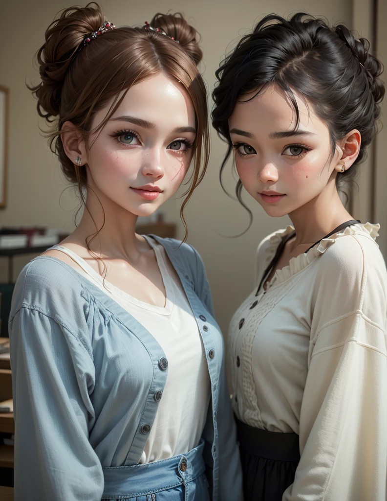 ​masterpiece、top-quality、ultra-detailliert、（Chibi Chara Kindergarten Kids：1.2）、a couple、stare at each other、Christmas tree one、a smile、Secret story、Standing, elegant , detailed intricate, beautiful detailed eyes, beautiful detailed lips, extremely detailed face and features, long eyelashes, soft glowing skin, serene expression, detailed clothing, detailed jewelry, detailed background, (best quality,4k,8k,highres,masterpiece:1.2),ultra-detailed,(realistic,photorealistic,photo-realistic:1.37),vibrant colors,dramatic lighting,award winning digital art