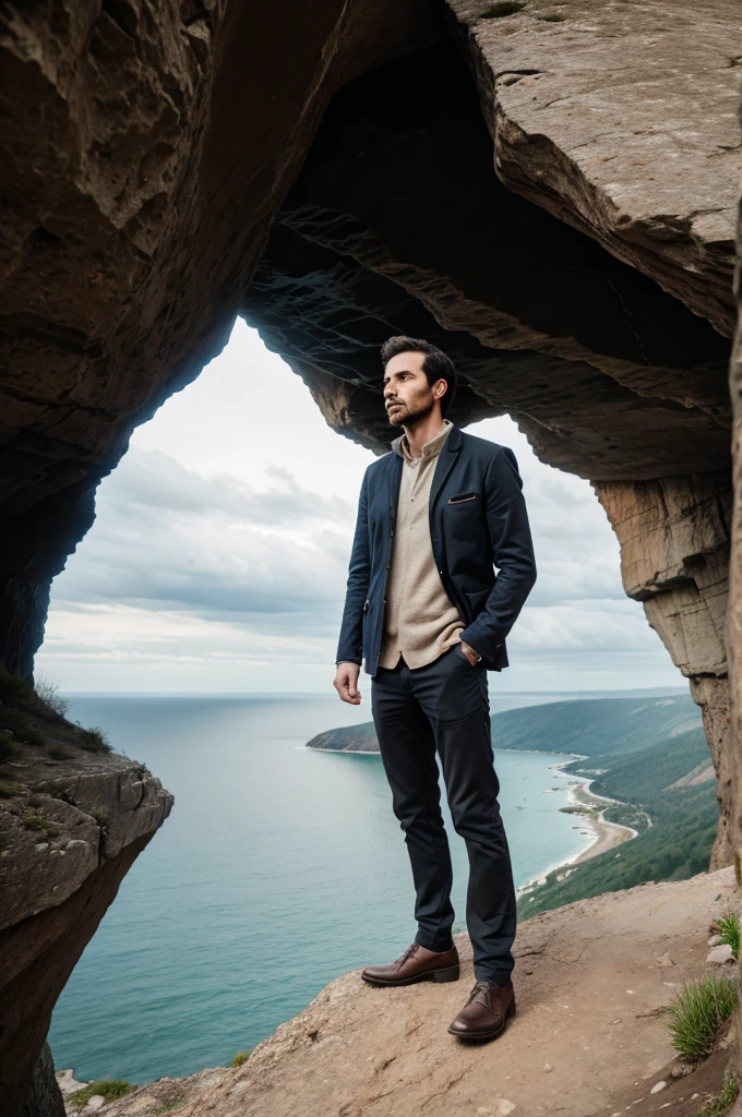 Anxious expression of a man standing on cliff