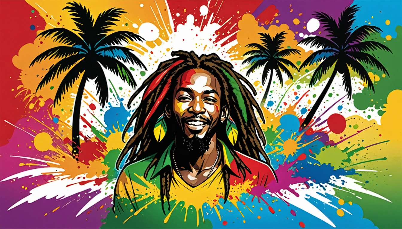 Vector art, Lots of Jamaican Reggae, Authentic Jamaican reggae music atmosphere,Color illustrations, in the center, Vibrant colors, Paint splatters and stains, High detail, Palm tree