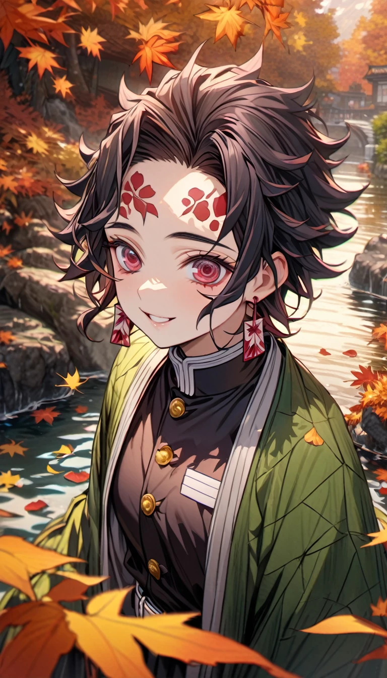 Super detailed, High resolution, Absurd, High resolution, masterpiece, tanjiro kamado, Burgundy tip、Wavy black hair, short hair, Expressive dark red eyes, Hanafuda Earrings, Kimetsu no Yaiba, water, autumn, petal, Orange and yellow leaves, alone, good looking, Demon Slayer uniform, Green haori, Highest quality, Red spots on the forehead、smile