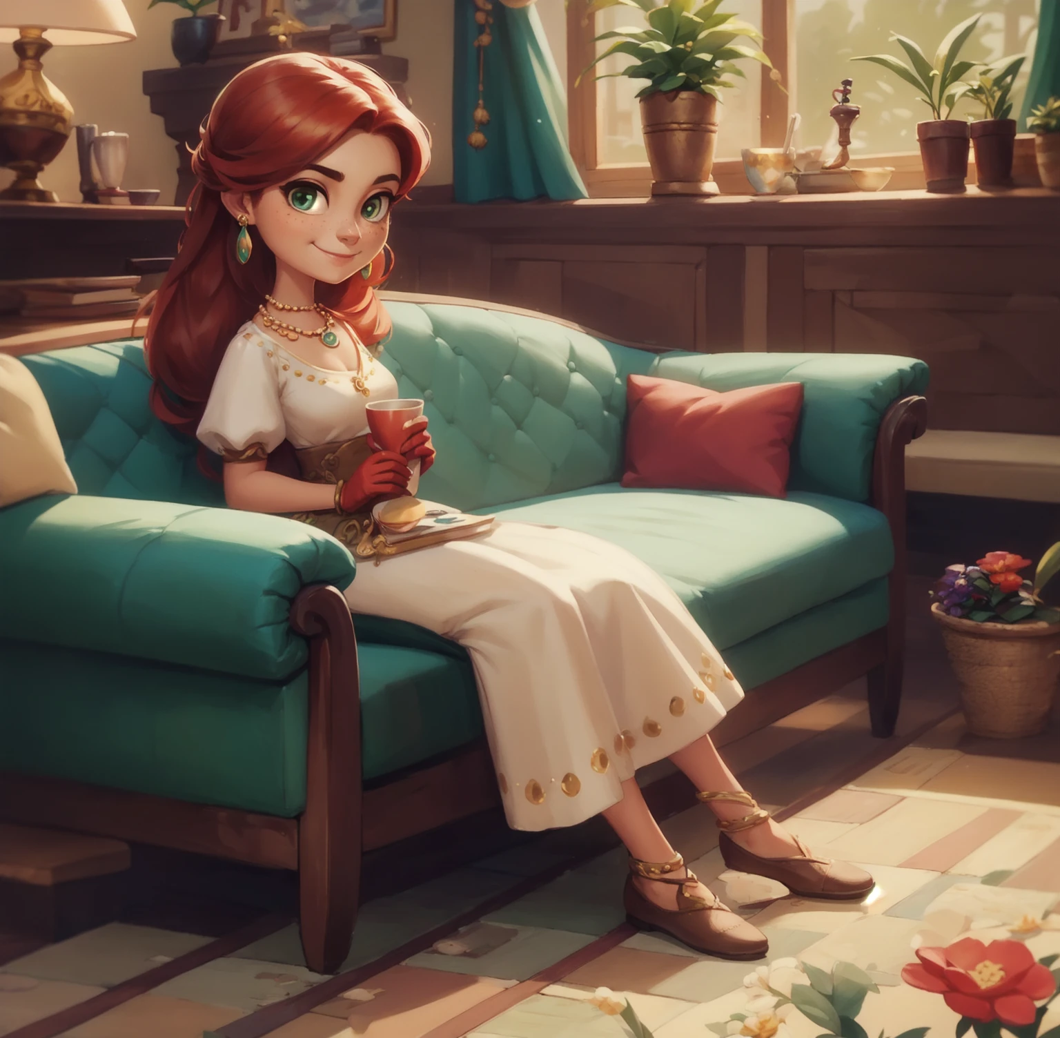 Concept Art,character illustration of a,European and American cartoons,（whole body：1.5），Mid-Long View，carpet，（Looking at the camera：1.5），shoe，一个20岁的金发女生happy的sit在living room，Holding a cup of coffee，A laid-back expression，happy，hapiness，Smile，Relax，Leisure，European and American cartoons，1 Girl,freckle,Solitary,Jewelry,Green Eyes,Weaving,earrings,twin Weavings,necklace,Looking at the audience,Red hair,plant,Puff sleeves,bracelet,Smile,Long hair,puffy short sleeve,Necklace,dress，flower，Coffee cup，Gloves，earrings，Jewelry，肘部Gloves，cup，，sit，sofa，window，sofa，living room，solo