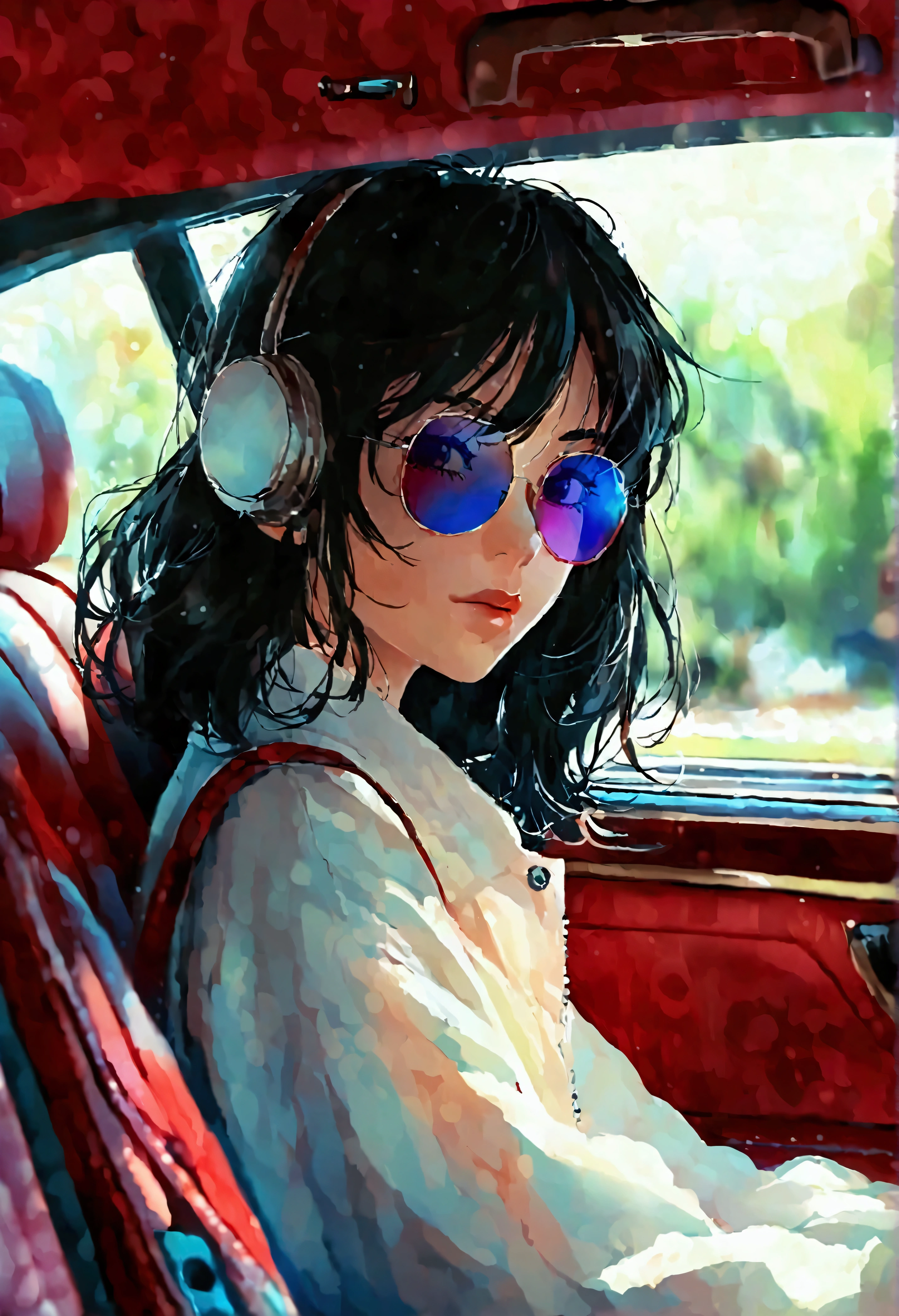 Girl,((student)),Black Hair,Sitting in the back of a luxury car,Wearing sunglasses,((Wave)),Rich colors,Illustration style