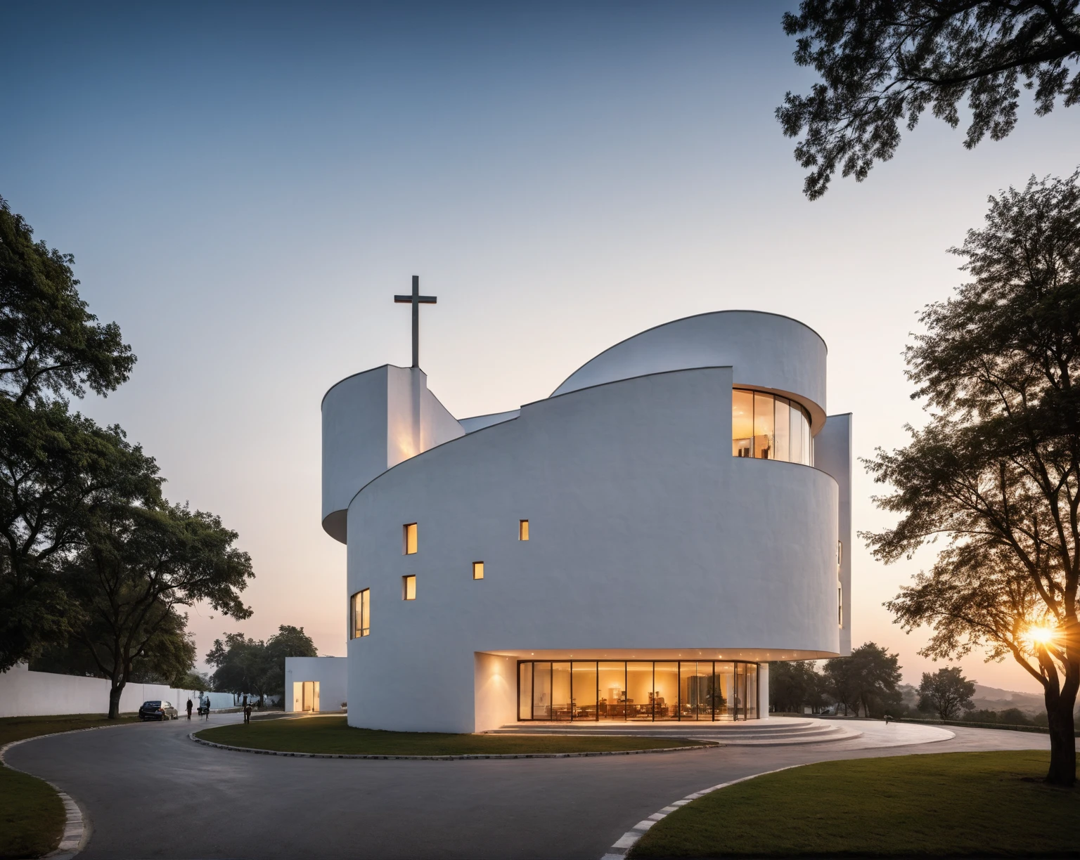 raw photo, best quality, ultra realistic, masterpiece, best quality skin, photography hd, dslr,
tcs, httlvn, modern church, road, people, house, facade design, outdoors, church, white walls, cross on top, curved shape building, 
Dusk, sunshine, 
View from a tree, dof view, 