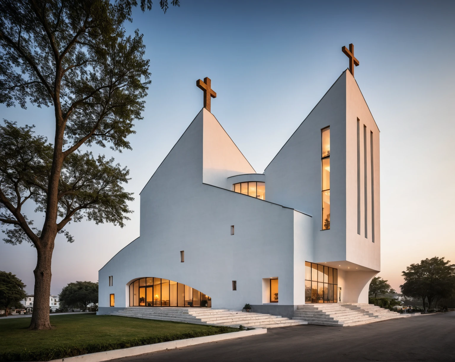 raw photo, best quality, ultra realistic, masterpiece, best quality skin, photography hd, dslr,
tcs, httlvn, modern church, road, people, house, facade design, outdoors, church, white walls, cross on top, curved shape building, 
Dusk, sunshine, 
View from a tree, dof view, 