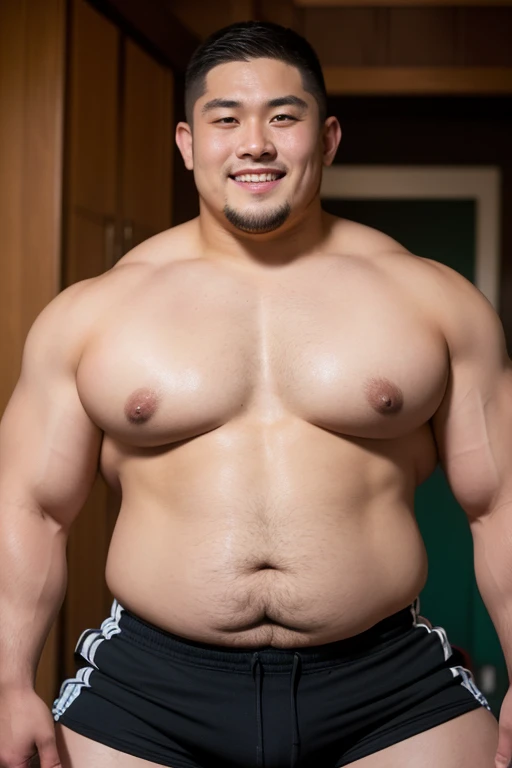 ((highest quality)), ((masterpiece)), (detailed), ((Perfect Face)), 4k, Shaved head, Young Japanese, Muscular, Fat body, Very big man, smile, ((showing off crotch))A large Japanese man topless、whole body、Rugby last week、Thick legs、Thick arm muscles、Intimidating、whole body、wearing a very tight black shorts