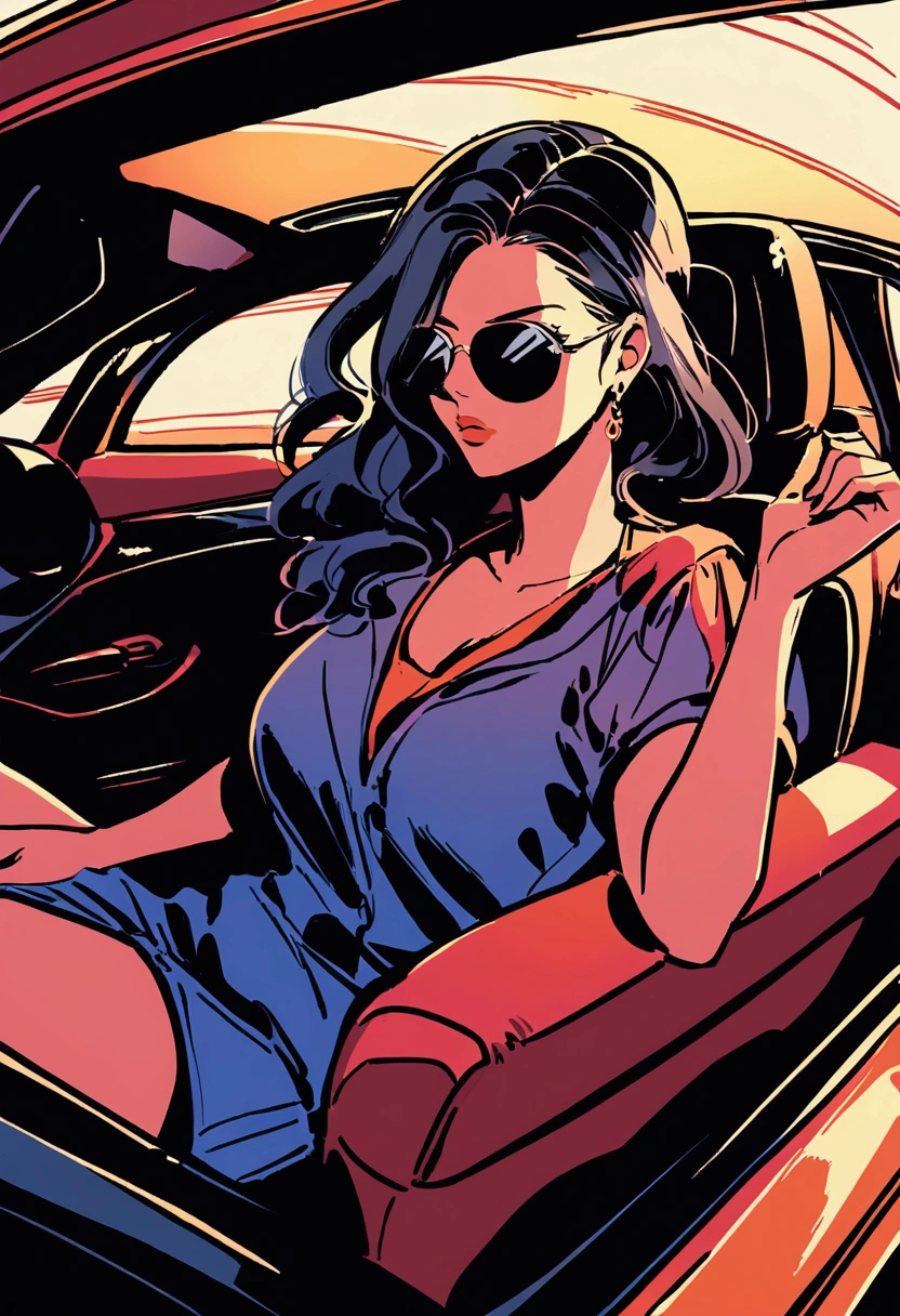 Girl，((student))，Black Hair，Sitting in the back of a luxury car，Wearing sunglasses，((Wave))，Rich colors，Illustration style