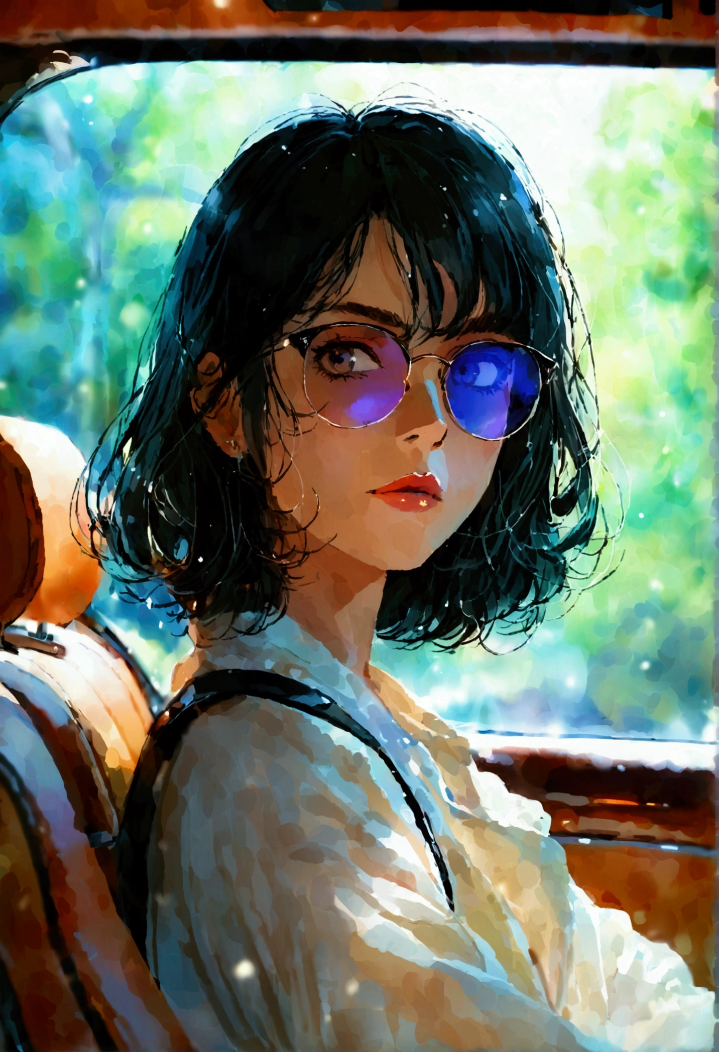 Girl，((student))，Black Hair，Sitting in the back of a luxury car，Wearing sunglasses，((Wave))，Rich colors，Illustration style