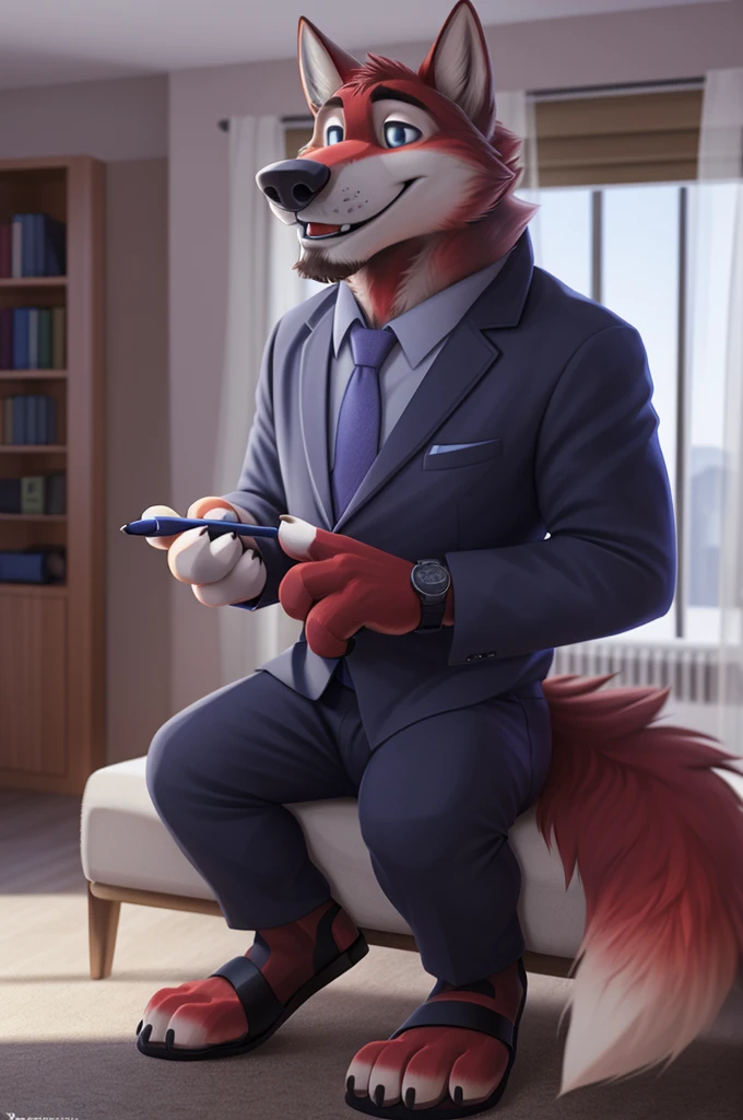 Ivan Fedorovich Wolfbach (Novosibirsk) ,Tall, handsome man, wolf,young, 24 years, brown fur,Kind,(red body:1,3),beautiful blue eyes,Novosibirsk,dressed, shirt, purple tie, trousers,white heeled sandals, is sitting,wolf, fur detail, a male, paw pads, finger claws, per viewer, 5 fingers, paws, 5 fingers, smile, wrist watch, nextel, by xenoforge, (Difficult, high detail, digital photography, soft focus, разновидность RAW, Very close to the camera, variety, Novosibirsk, smile, good mood, positive, Very close to the cameraу,apartment, holding a pen,
Photorealism, realism, digital style, Subsurface scattering, I look at the viewer,
masterpiece, Best quality, ultra realistic, 8 thousand.)