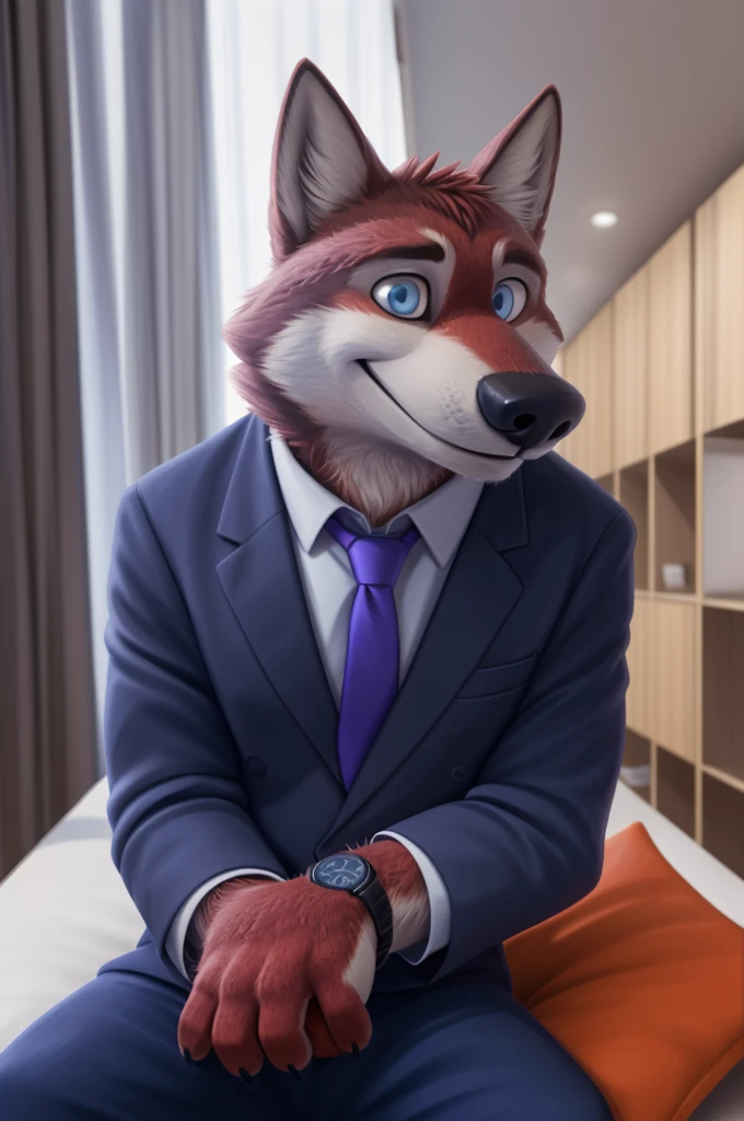 Ivan Fedorovich Wolfbach (Novosibirsk) ,Tall, handsome man, wolf,young, 24 years, brown fur,Kind,(red body:1,3),beautiful blue eyes,Novosibirsk,dressed, shirt, purple tie, trousers,white heeled sandals, is sitting,wolf, fur detail, a male, paw pads, finger claws, per viewer, 5 fingers, paws, 5 fingers, smile, wrist watch, nextel, by xenoforge, (Difficult, high detail, digital photography, soft focus, разновидность RAW, Very close to the camera, variety, Novosibirsk, smile, good mood, positive, Very close to the cameraу,apartment, holding a pen,
Photorealism, realism, digital style, Subsurface scattering, I look at the viewer,
masterpiece, Best quality, ultra realistic, 8 thousand.)