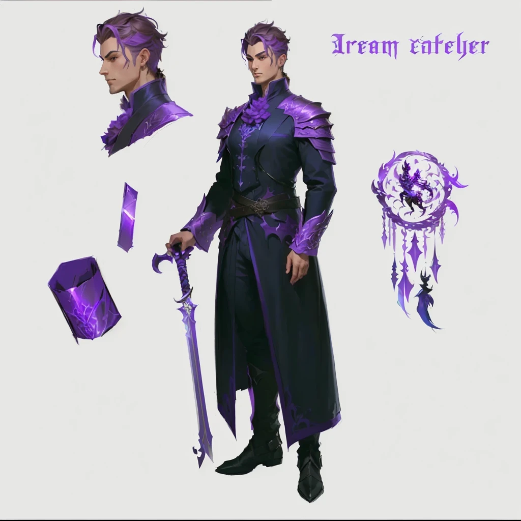 arafed image of a man in a purple outfit with a sword and a hat, !dream concept art, ryan glitter concept artist, fantasy character concept, fantasy character design, arcane concept art, unrealistic character concept, shadowverse character concept, tome + concept art, ( ( character concept art ) ), detailed character art, realistic character concept