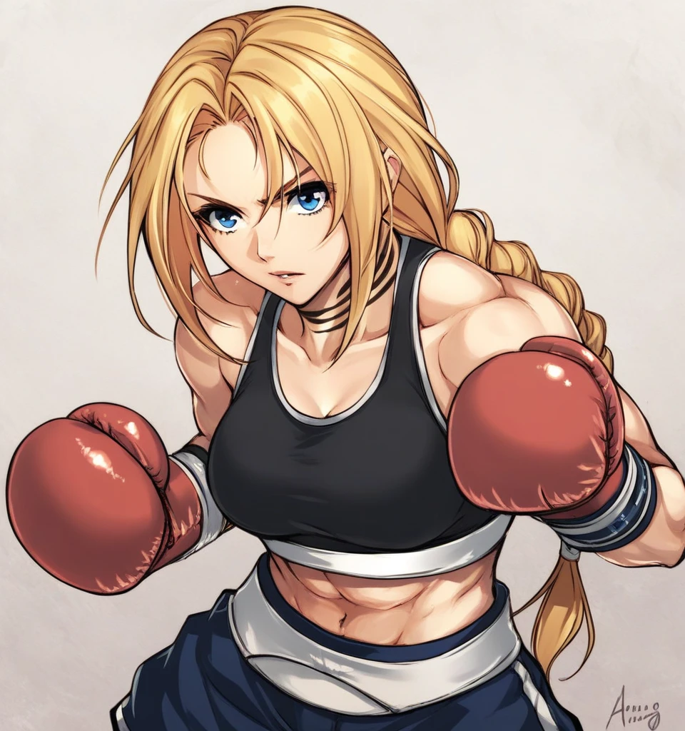 score_9, score_8_up, score_7_up, score_6_up, Detailed Background, BREAK
 koasmirage, 1girl, long hair, sports bra, klausian neck markings, blonde hair, blue eyes, single braid,BREAK
boxing ring, boxing gloves, mma,