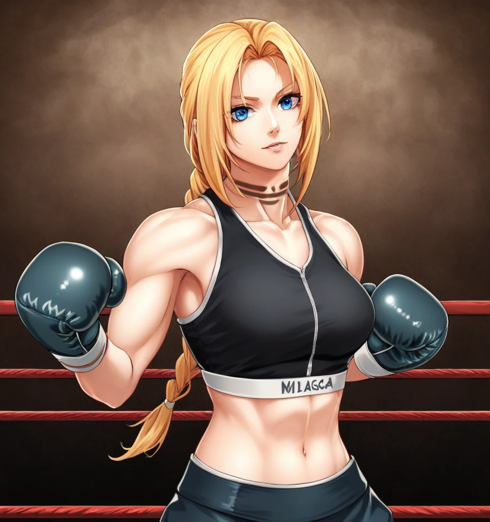 score_9, score_8_up, score_7_up, score_6_up, Detailed Background, BREAK
 koasmirage, 1girl, long hair, sports bra, klausian neck markings, blonde hair, blue eyes, single braid,BREAK
boxing ring, boxing gloves, mma,