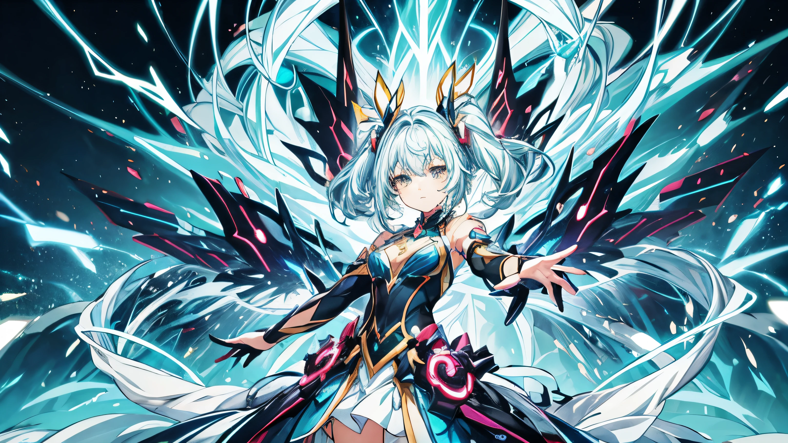 An anime-style girl with vibrant eyes, standing in a dynamic pose. Electricity crackles and sparks around her hands, illuminating her determined expression. Focus on the intricate details of her outfit and the flowing energy around her