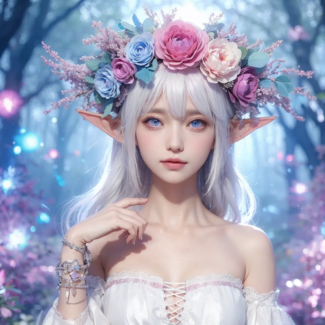 beautiful woman, white hair, white eyes, wearing pink and light blue flower crown, wearing white dress, elf ear, "surrounded by light blue, pink, and purple light, magic forest background