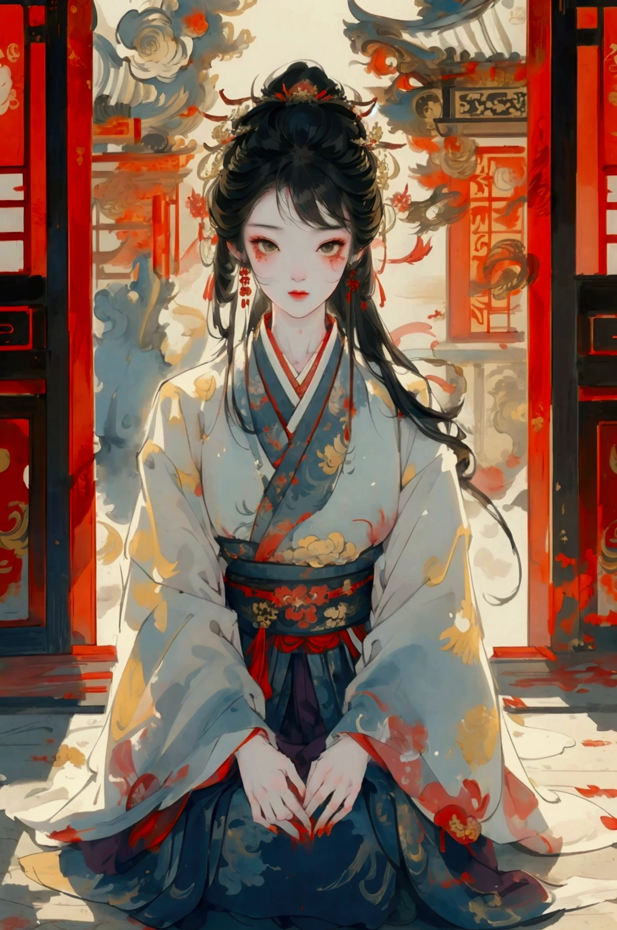 Anime girl kneeling on the ground,His face was covered in blood, Animation by Yang J, Pixif, Ukiyo-e, palace , Girl wearing Hanfu, Anime girl squatting, Beautiful anime girl squatting, Beautiful character painting, Gu Weiss, Chinese painting style, Onmyoji detailed art, Wearing Chinese clothes