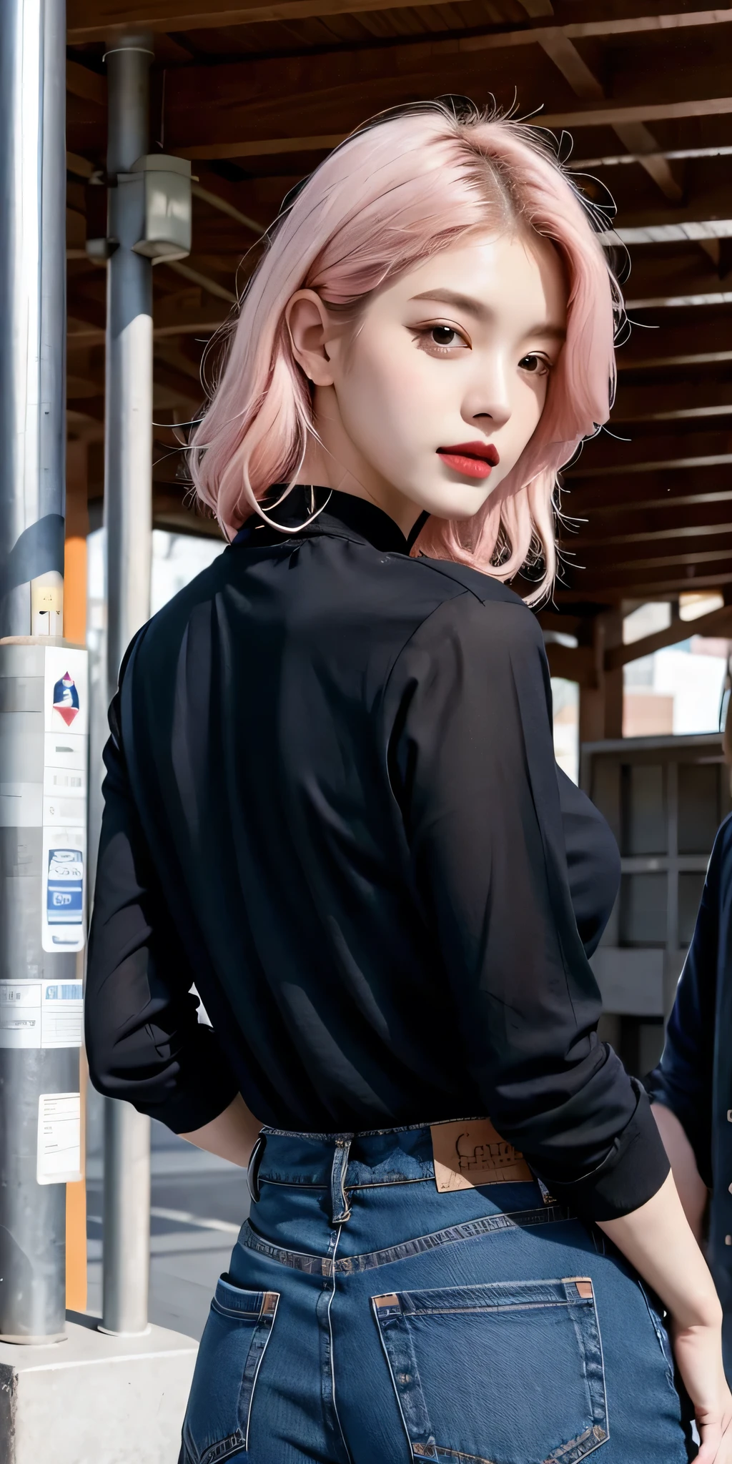 (masterpiece), (best quality), (Highres), Detailed, (Inricate Details 1.2), (Hyper Detailed 1.4), (Ornate Digital Art 1.2), absurdres, 1girl, small breasts, ass, hair ornaments, solo, pink hair, (black shirt:1.3), jeans, (train station:1.2) running, thighs, shortstack,