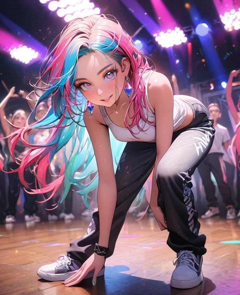 8K,gal,an extremely delicate and beautiful,Beautiful and realistic skin,Shiny jewel-like earrings,Long colorful hair,beautiful eyes,full body,head to toe,beautiful regs,skiny pants,tank top,hip hop dance