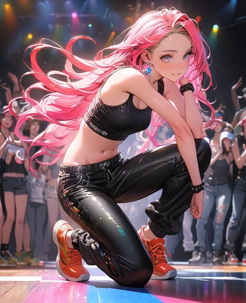 8K,gal，an extremely delicate and beautiful,Beautiful and realistic skin,Shiny jewel-like earrings,Long colorful hair,beautiful eyes,full body,head to toe,beautiful regs,skiny pants,tank top,hip hop dance