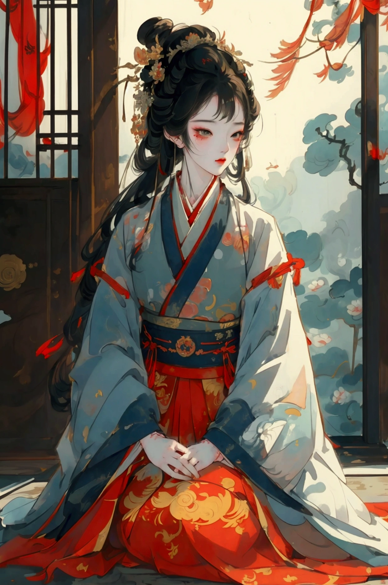 Anime girl kneeling on the ground，His face was covered in blood, Animation by Yang J, Pixif, Ukiyo-e, palace ， Girl wearing Hanfu, Anime girl squatting, Beautiful anime girl squatting, Beautiful character painting, Gu Weiss, Chinese painting style, Onmyoji detailed art, Wearing Chinese clothes