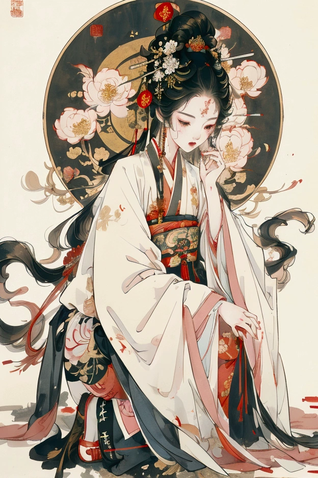 Anime girl kneeling on the ground，His face was covered in blood, Animation by Yang J, Pixif, Ukiyo-e, palace ， Girl wearing Hanfu, Anime girl squatting, Beautiful anime girl squatting, Beautiful character painting, Gu Weiss, Chinese painting style, Onmyoji detailed art, Wearing Chinese clothes