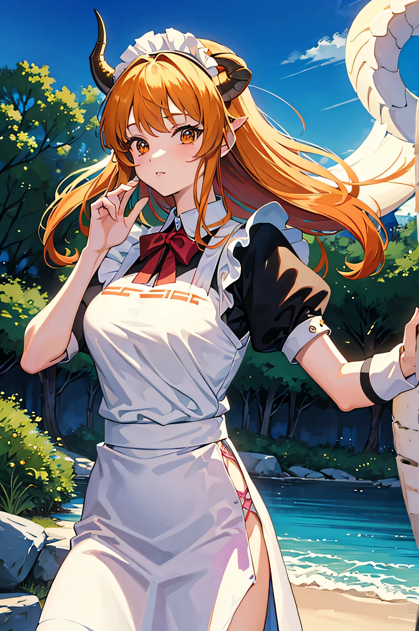 Masterpiece, Best Quality, 1 girl, 80's anime style, Tohru, maid, dragon horns,