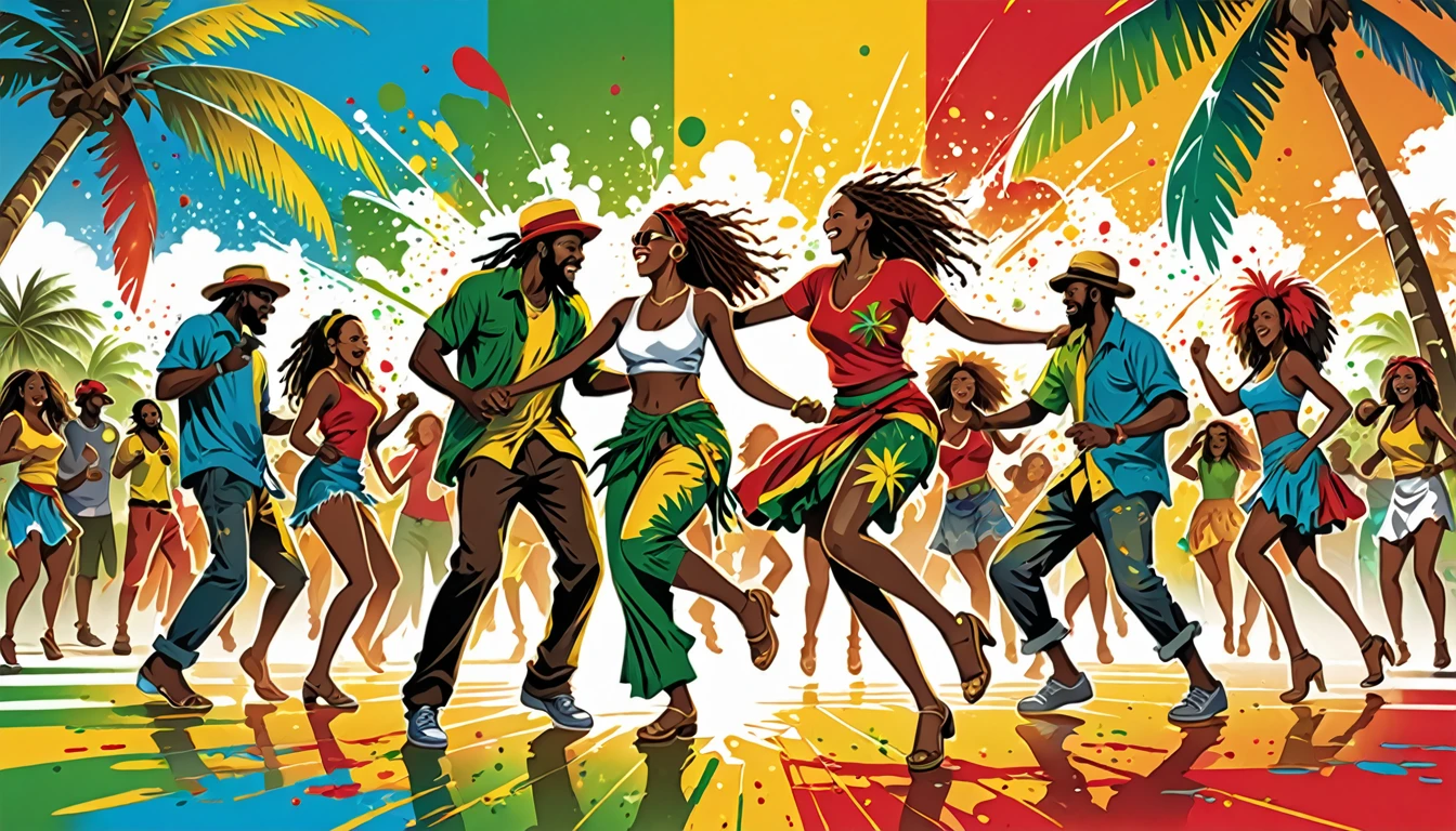 Vector art, Lots of Jamaican Reggae, Authentic Jamaican reggae music atmosphere，Color illustrations, in the center, Vibrant colors, Paint splatters and stains, High detail, 
Palm tree,Men and women dancing