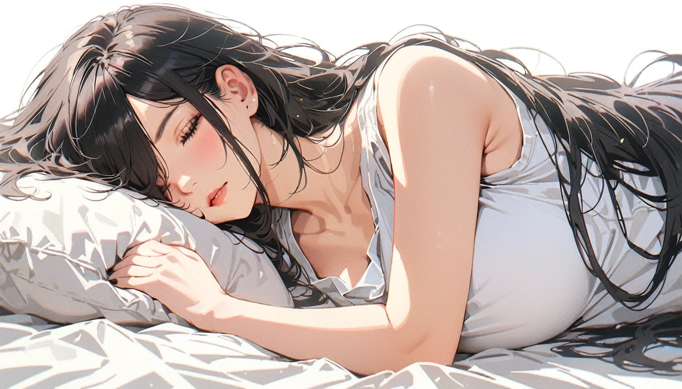 20 years old,1 mature woman,hyperrealistic, 8k, (extremely detailed 8k), (very delicate and beautiful), (masterpiece), (better quality:1.0), (ultra high resolution:1.0), (masterpiece, best quality),cute,black hair,cowboy shot,white background,realistic skin,lie on own stomach,big breasts,sleepy,hair over one eye,black nail,extra long hair,messy hair,pajamas