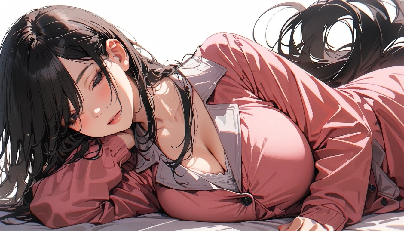 20 years old,1 mature woman,hyperrealistic, 8k, (extremely detailed 8k), (very delicate and beautiful), (masterpiece), (better quality:1.0), (ultra high resolution:1.0), (masterpiece, best quality),cute,black hair,cowboy shot,white background,realistic skin,lie on own stomach,big breasts,sleepy,hair over one eye,black nail,extra long hair,messy hair,pajamas