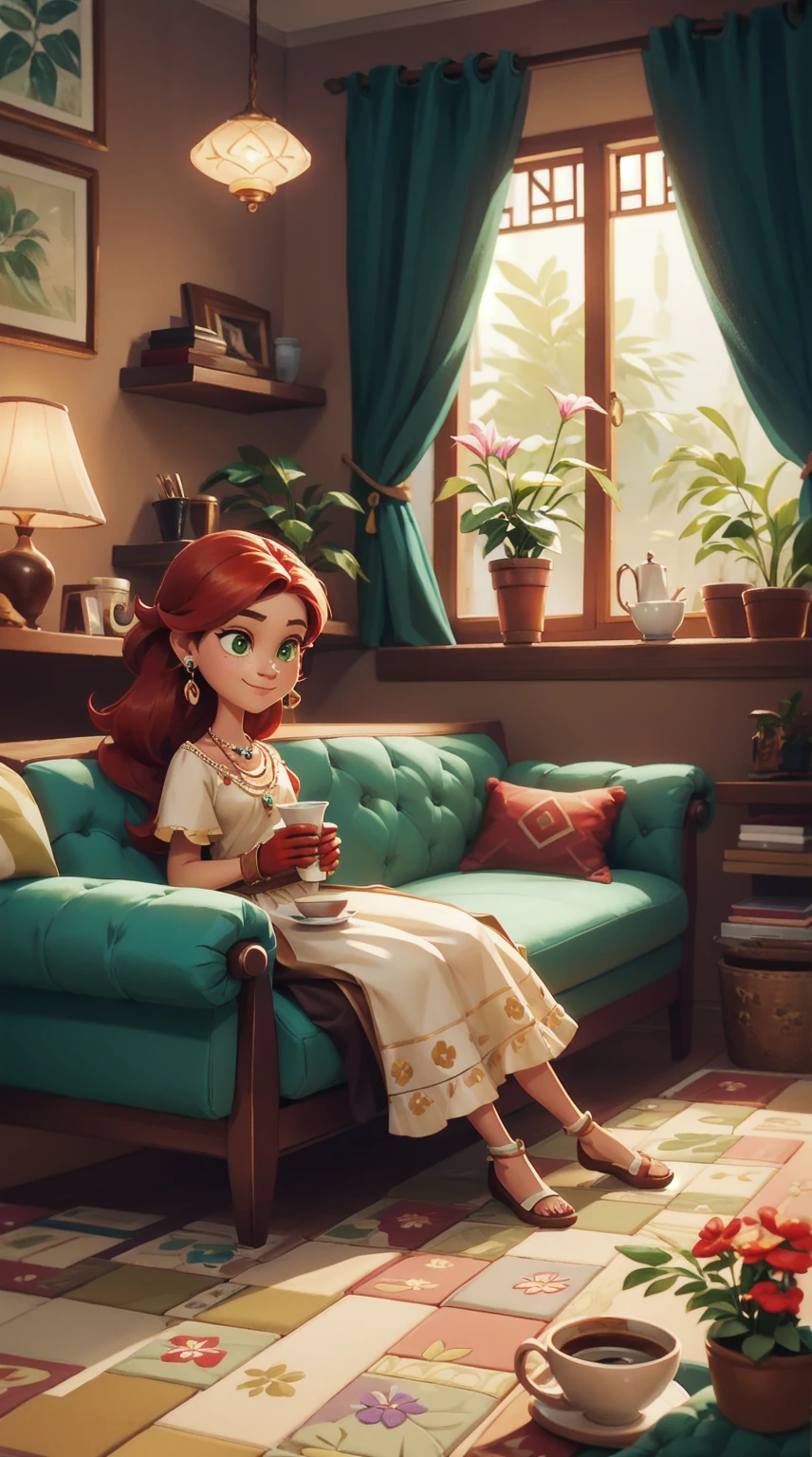 Concept Art,character illustration of a,European and American cartoons,（whole body：1.5），Mid-Long View，carpet，（Looking at the camera），shoe，一个20岁的金发女生happy的sit在living room，Holding a cup of coffee，happy，A laid-back expression，Relax，Leisure，European and American cartoons，1 Girl,freckle,Solitary,Jewelry,Green Eyes,Weaving,earrings,twin Weavings,necklace,Looking at the audience,Red hair,plant,Puff sleeves,bracelet,Smile,Long hair,puffy short sleeve,Necklace,dress,flower,Coffee cup,Gloves,earrings,Jewelry,肘部Gloves,cup,sit,sofa,window,sofa，living room，solo,Looking at the camera，Look at the audience，