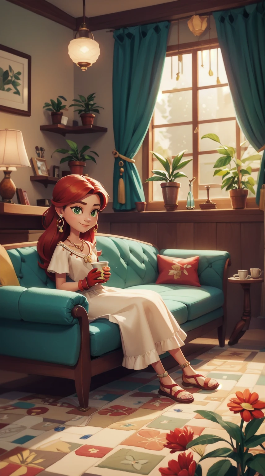 Concept Art,character illustration of a,European and American cartoons,（whole body：1.5），Mid-Long View，carpet，（Looking at the camera），shoe，一个20岁的金发女生happy的sit在living room，Holding a cup of coffee，happy，A laid-back expression，Relax，Leisure，European and American cartoons，1 Girl,freckle,Solitary,Jewelry,Green Eyes,Weaving,earrings,twin Weavings,necklace,Looking at the audience,Red hair,plant,Puff sleeves,bracelet,Smile,Long hair,puffy short sleeve,Necklace,dress,flower,Coffee cup,Gloves,earrings,Jewelry,肘部Gloves,cup,sit,sofa,window,sofa，living room，solo,Looking at the camera，Look at the audience，