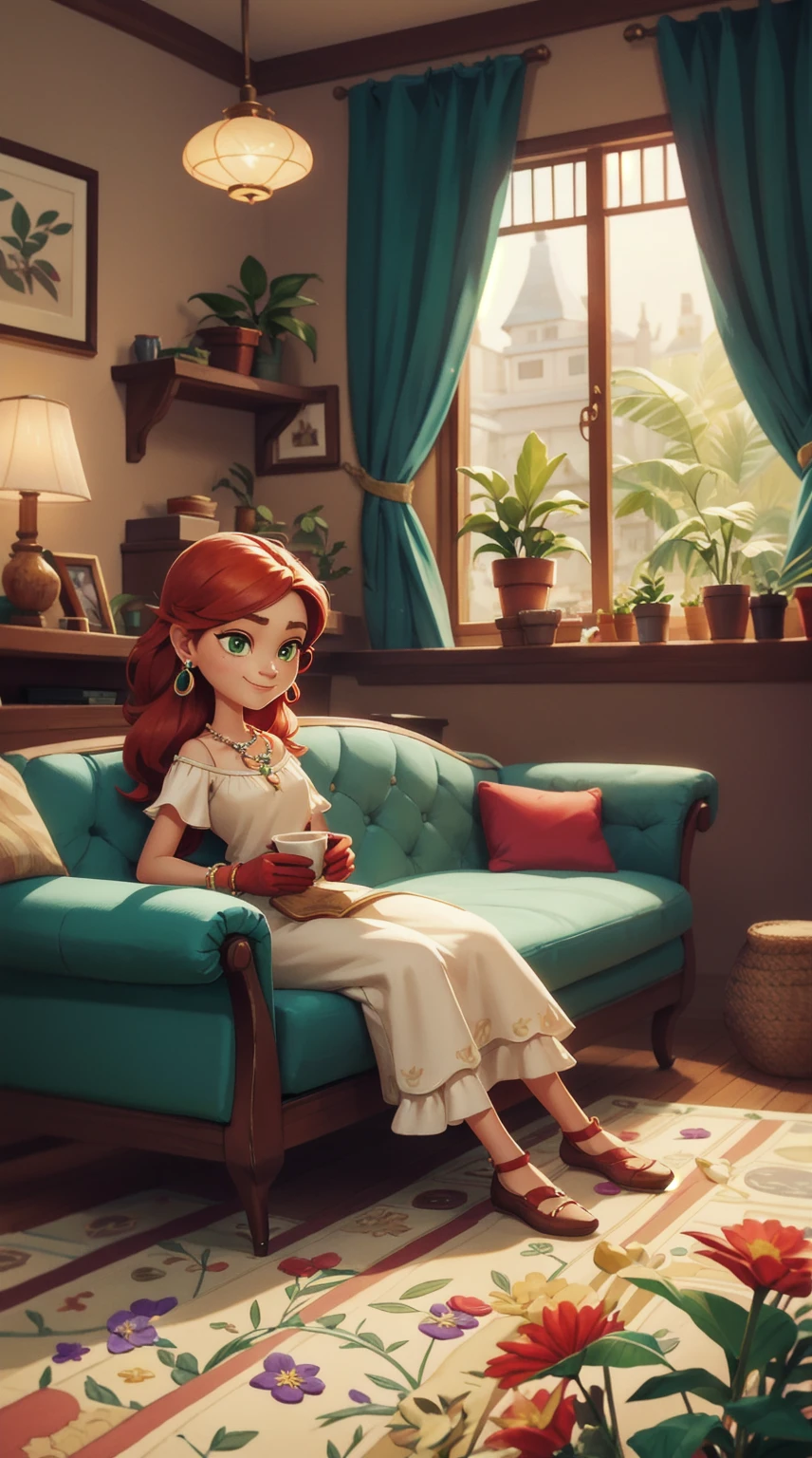 Concept Art,character illustration of a,European and American cartoons,（whole body：1.5），Mid-Long View，carpet，（Looking at the camera），shoe，一个20岁的金发女生happy的sit在living room，Holding a cup of coffee，happy，A laid-back expression，Relax，Leisure，European and American cartoons，1 Girl,freckle,Solitary,Jewelry,Green Eyes,Weaving,earrings,twin Weavings,necklace,Looking at the audience,Red hair,plant,Puff sleeves,bracelet,Smile,Long hair,puffy short sleeve,Necklace,dress,flower,Coffee cup,Gloves,earrings,Jewelry,肘部Gloves,cup,sit,sofa,window,sofa，living room，solo,Looking at the camera，Look at the audience，