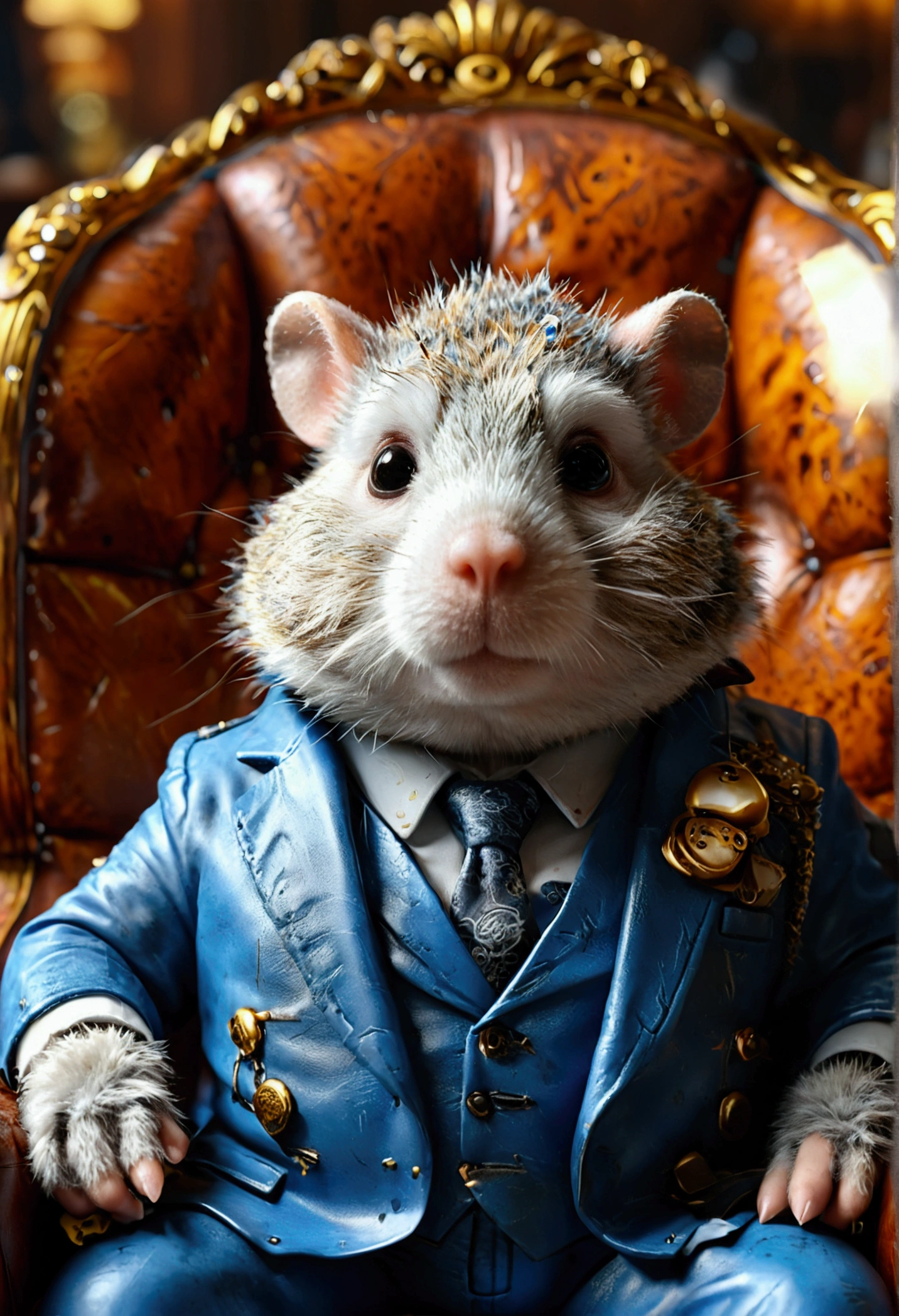 Old fat gangster hamster on leather armchair, wearing a blue suit, 3D vray rendering, Pixar characters