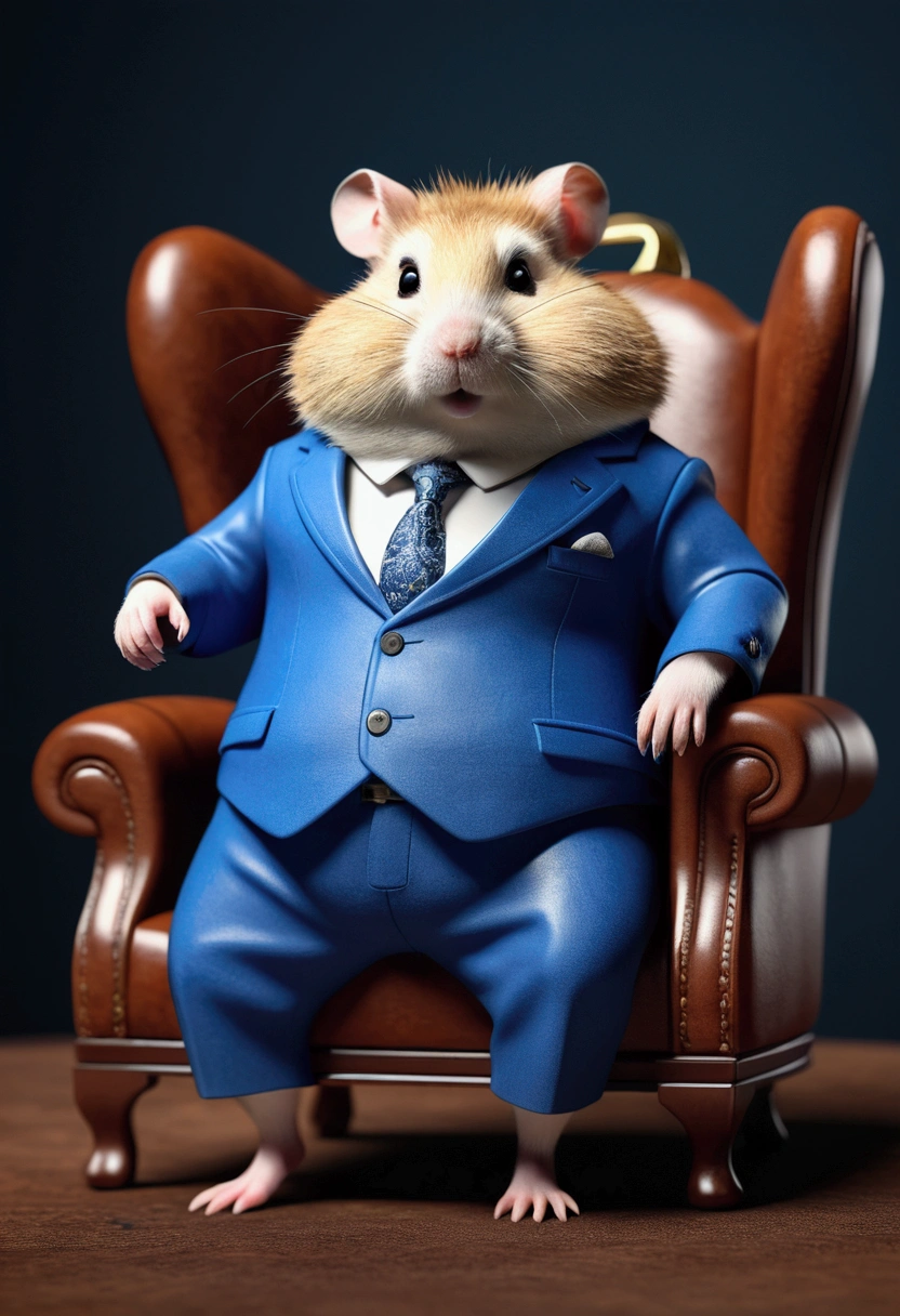 Old fat gangster hamster on leather armchair, wearing a blue suit, 3D vray rendering, Pixar characters