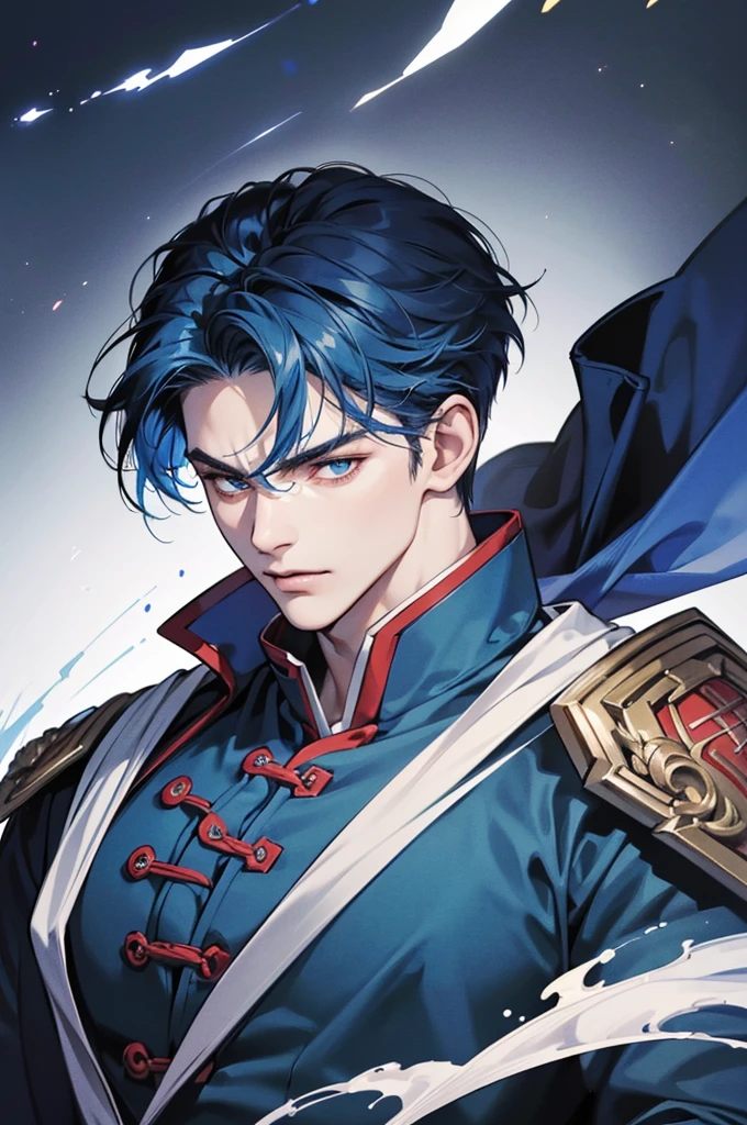 (Highest quality,4K,8K,High resolution,masterpiece:1.2),30-year-old male,Handsome Anime,Portraiture,strong,Masculine,Dark blue hair,Sharp jawline,Captivating eyes,Perfectly styled hair,Medium Hair,Chinese clothing,Blue clothes,Confident expression,Vibrant colors,Dynamic Lighting