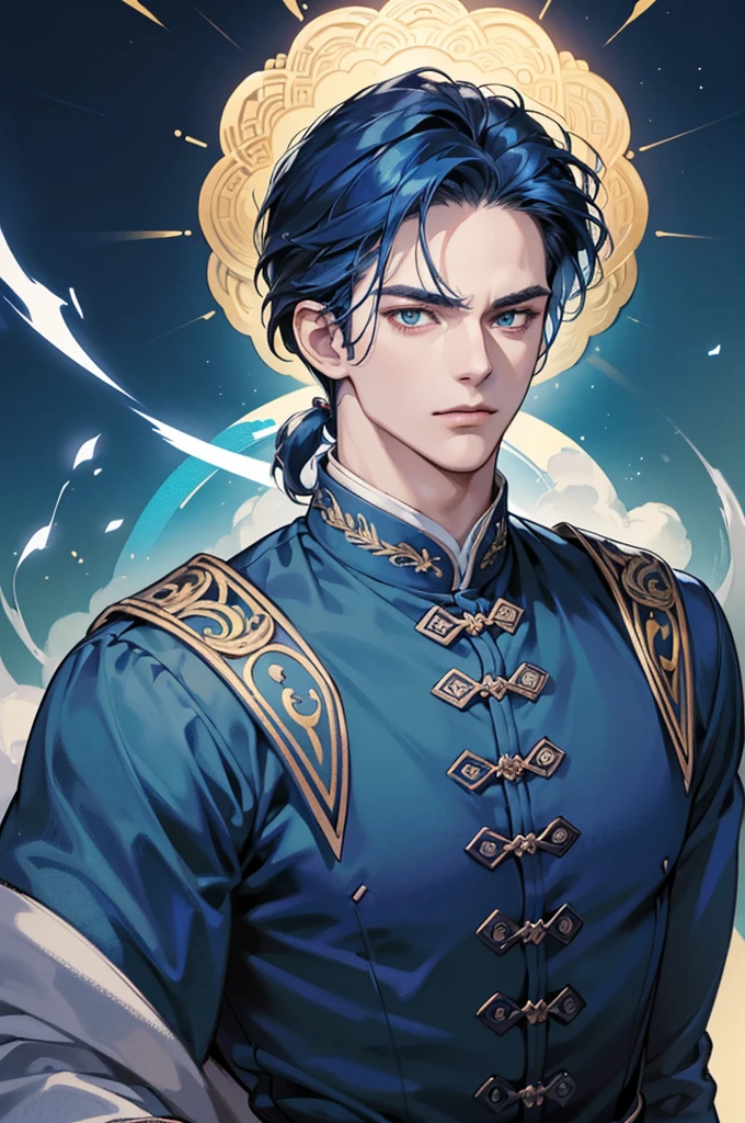 (Highest quality,4K,8K,High resolution,masterpiece:1.2),30-year-old male,Handsome Anime,Portraiture,strong,Masculine,Dark blue hair,Sharp jawline,Captivating eyes,Perfectly styled hair,Medium Hair,Chinese clothing,Blue clothes,Confident expression,Vibrant colors,Dynamic Lighting