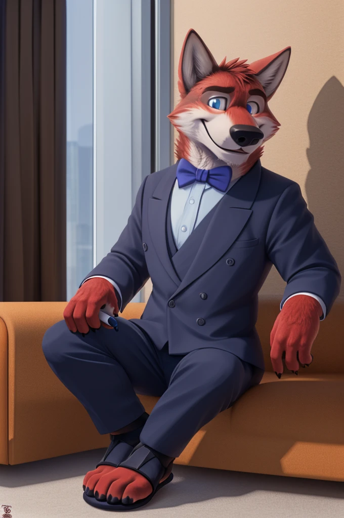 Ivan Fedorovich Wolfbach (Novosibirsk) ,Tall, handsome man, wolf,young, 24 years, brown fur,Kind,(red body:1,3),beautiful blue eyes,Novosibirsk,dressed, shirt, purple bow tie, trousers,white heeled sandals, is sitting,wolf, fur detail, a male, paw pads, finger claws, per viewer, 5 fingers, paws, 5 fingers, smile, wrist watch, nextel, by xenoforge, (Difficult, high detail, digital photography, soft focus, разновидность RAW, Very close to the camera, variety, Novosibirsk, smile, good mood, positive, Very close to the cameraу,apartment, holding a pen,
Photorealism, realism, digital style, Subsurface scattering, I look at the viewer,
masterpiece, Best quality, ultra realistic, 8 thousand.)