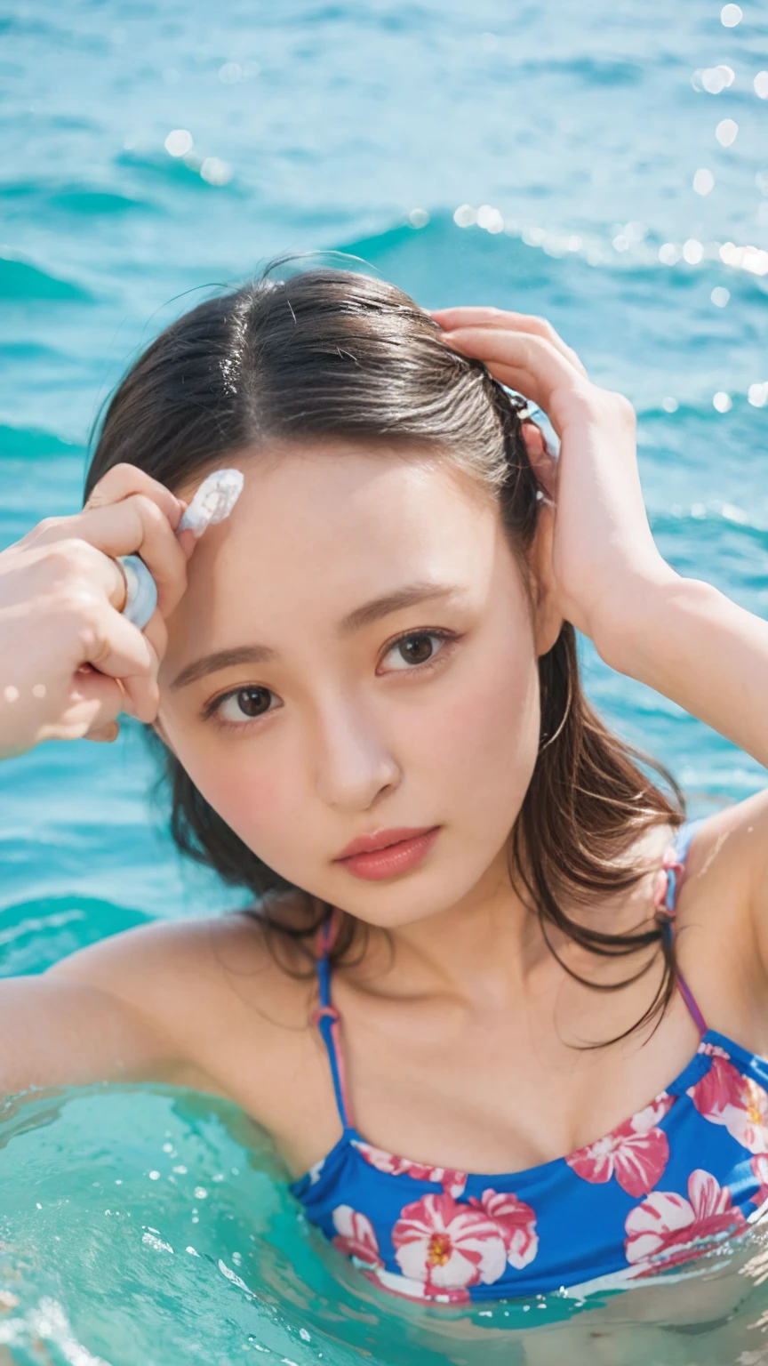 (masterpiece), (Highest quality), (Very detailed),(Disheveled Hair),(shape), (One Girl), (bikini), Are standing, Fashion Model, View your audience, (interview), (Beach),Beautiful details, Delicate and beautiful face, floating,(High chroma),(Colorful splashes),Colorful bubbles,(The Shining), Focus on the face, Hair Ring, Floating Flowers, Floating Hair, (The Shining), Best lighting, Best Shadow,