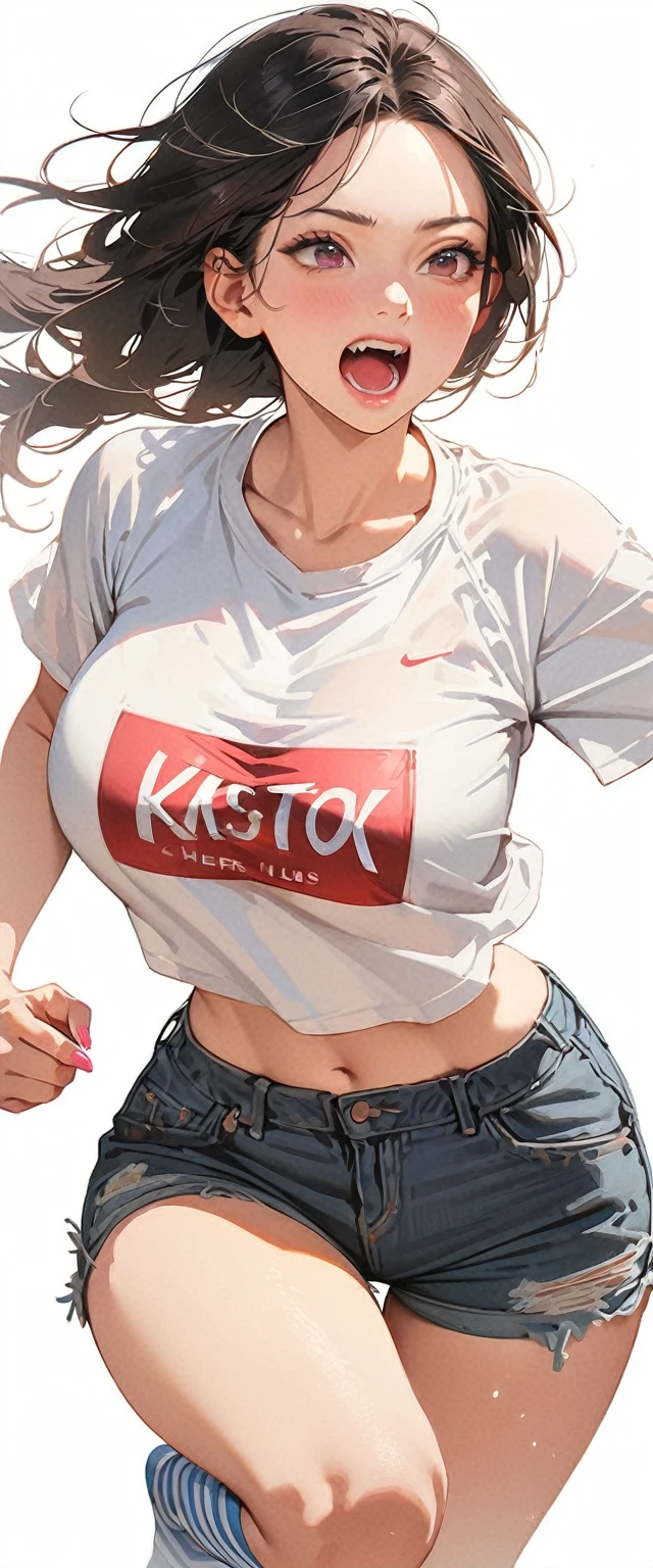 20 years old,1 mature woman,hyperrealistic, 8k, (extremely detailed 8k), (very delicate and beautiful), (masterpiece), (better quality:1.0), (ultra high resolution:1.0), (masterpiece, best quality),cute,black hair,cowboy shot,white background,realistic skin,Crop Top, Denim Shorts, Striped Knee Socks,running,big breasts,excited,pink nail,forehead