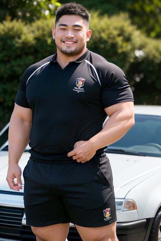 ((highest quality)), ((masterpiece)), (detailed), ((Perfect Face)), 4k, Shaved head, Young Japanese, Muscular, Fat body, Very big man, smile, ((showing off crotch))A large Japanese man topless、whole body、Rugby last week、Thick legs、Thick arm muscles、Intimidating、whole body、wearing a very tight black shorts